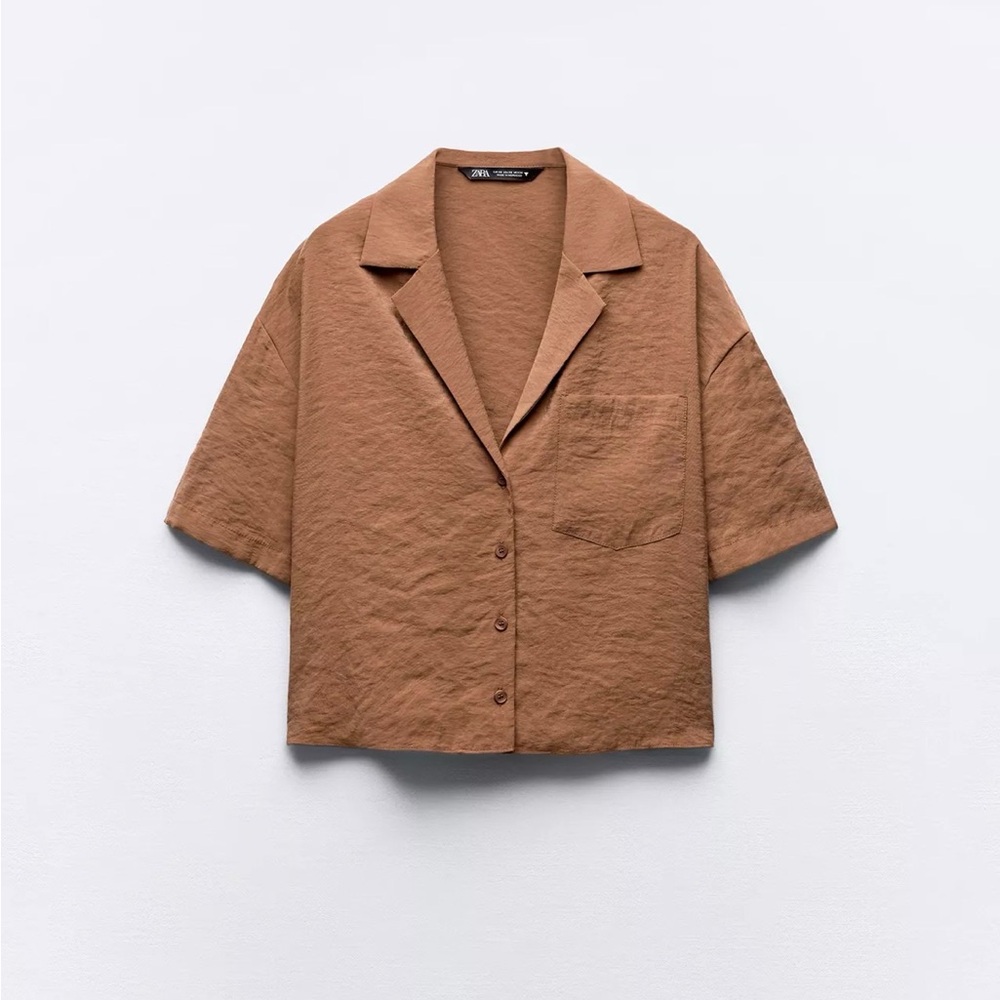 Zara Silky Brown Short Sleeve Button-Down Resort-style Oversized Cropped Shirt